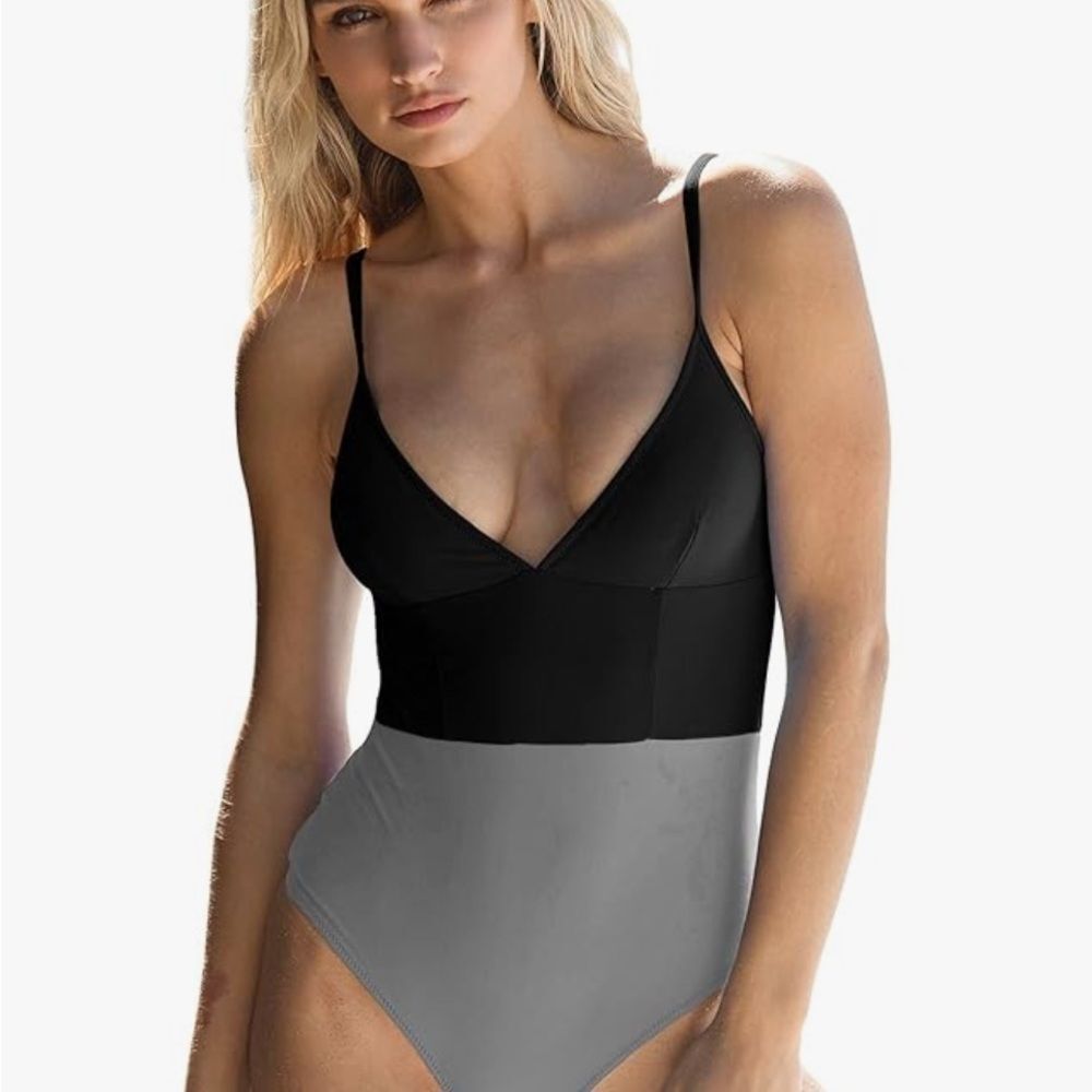 Women’s Swimsuit - One Piece, VNeck, High Waist, ColorBlock -Black,Gray- L - NWT